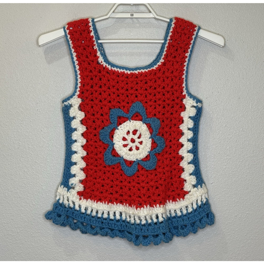 Crochet Hippie Retro Sweater Handmade Small‎ Red White Blue Flower Sleeveless